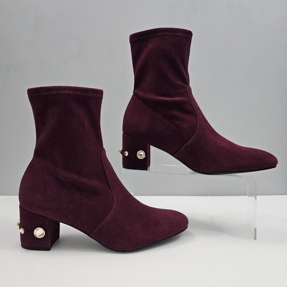 NEW Stuart Weitzman Allshine Ankle Boot Size 8 Wine Red Suede Sock Jewel Heel - Picture 3 of 13